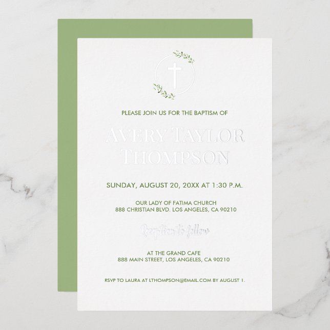 Elegant Silver Cross Watercolor laurel Baptism Foil Holiday Card (Front/Back)