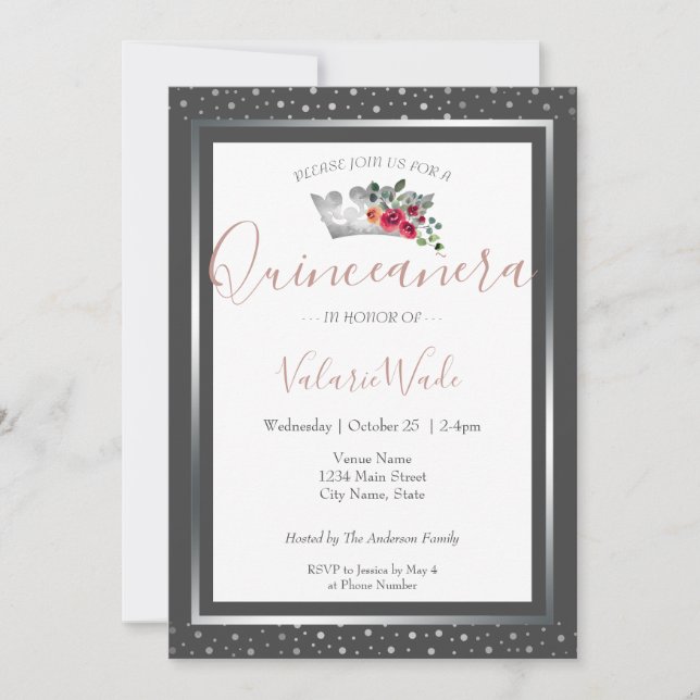 Elegant Silver Crown Quinceanera Budget Invitation (Front)