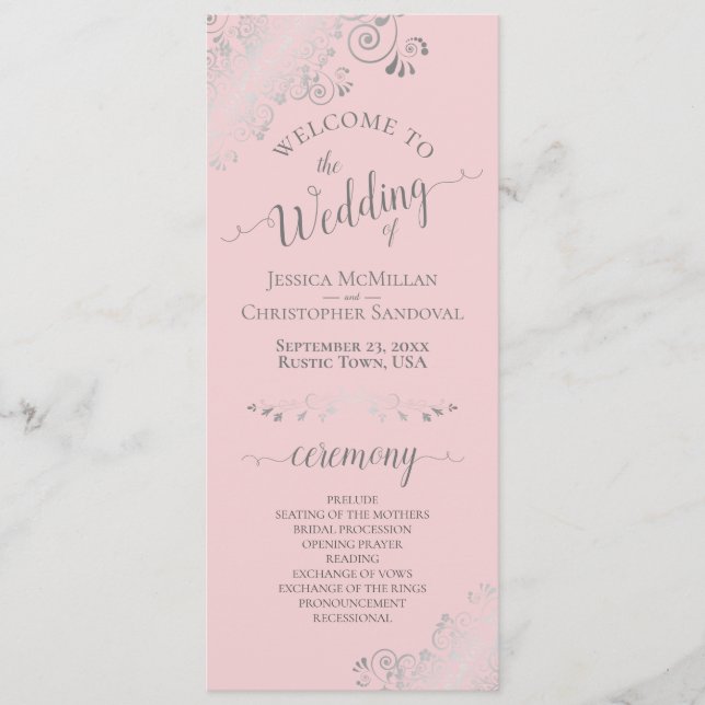 Elegant Silver Curls Blush Pink & Grey Wedding Program (Front)