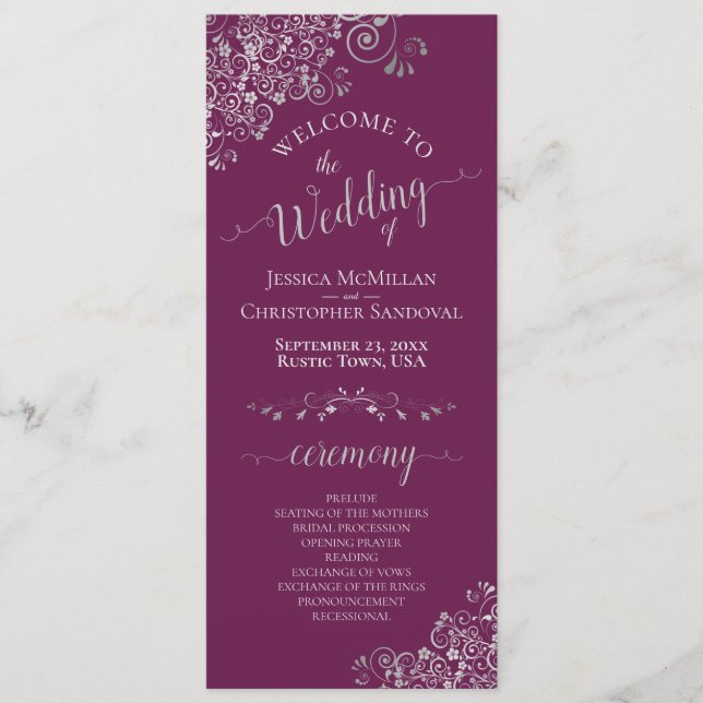 Elegant Silver Curls Cassis Purple Magenta Wedding Program (Front)