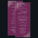 Elegant Silver Curls Cassis Purple Magenta Wedding Program<br><div class="desc">This beautiful wedding program features an elegant design with pale grey text on a cassis purple, magenta, or berry coloured background and lacy silver grey faux foil curls and swirls in the corners. The titles are written in fancy script calligraphy, and there is space for your ceremony and wedding party...</div>