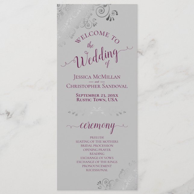 Elegant Silver Curls Cassis Purple on Grey Wedding Program (Front)