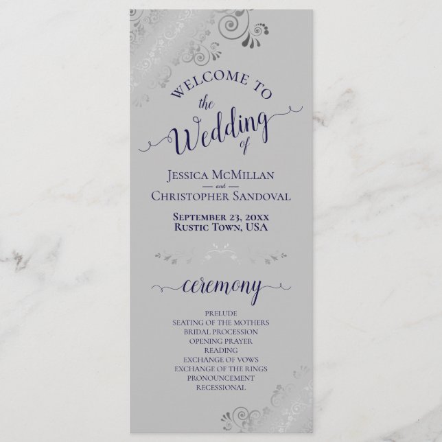 Elegant Silver Curls Navy Blue on Grey Wedding Program (Front)