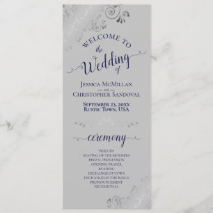 Elegant Silver Curls Navy Blue on Grey Wedding Program