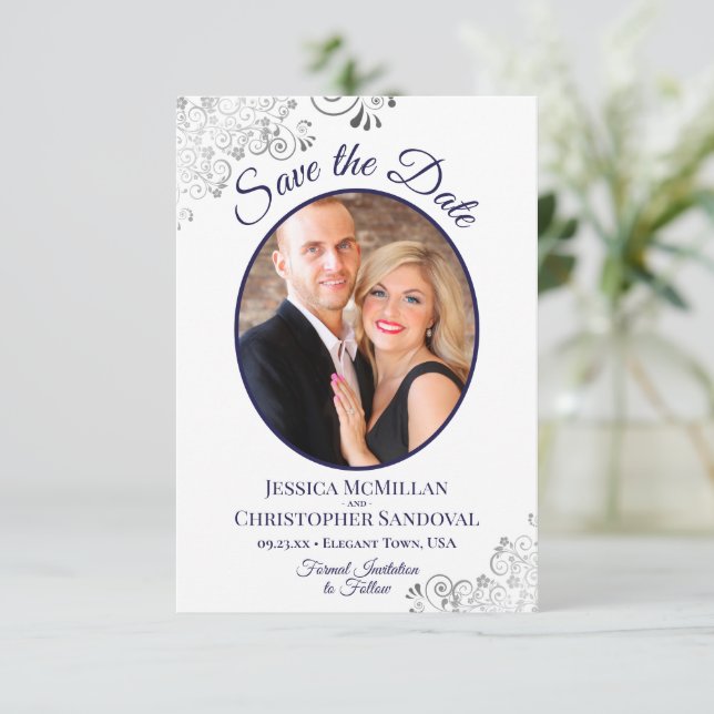 Elegant Silver Curls Navy Blue Photo White Wedding Save The Date (Standing Front)
