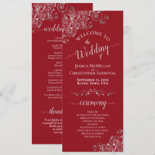 Elegant Silver Curls on Crimson Red Simple Wedding Program