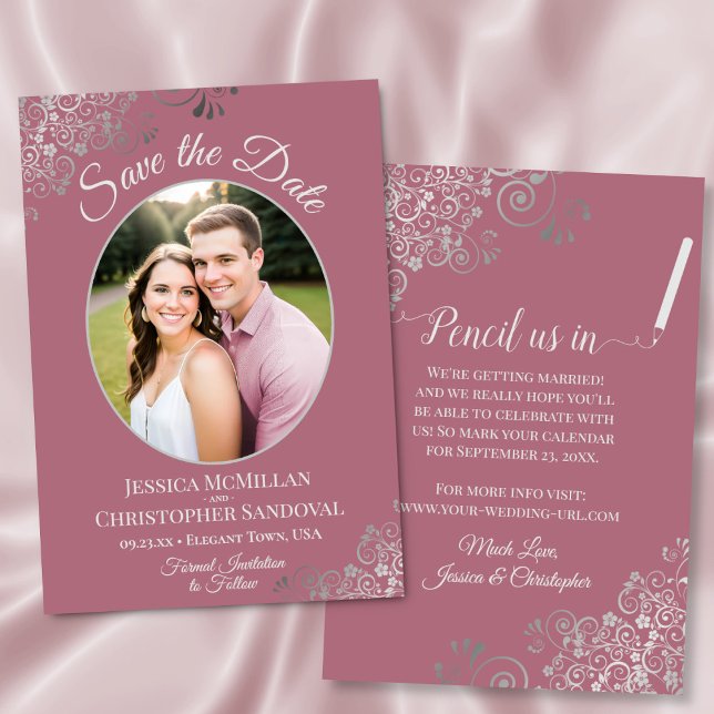 Elegant Silver Curls on Dusty Rose Photo Wedding Save The Date (Front/Back)