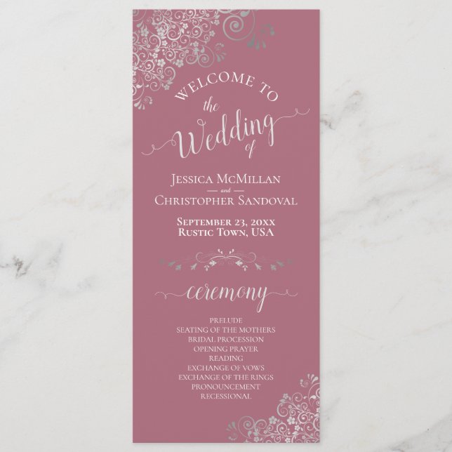 Elegant Silver Curls on Dusty Rose Simple Wedding Program (Front)