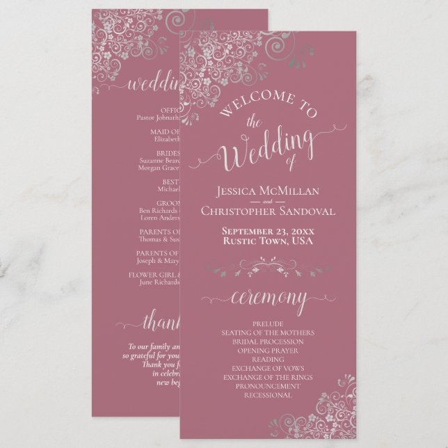 Elegant Silver Curls on Dusty Rose Simple Wedding Program (Front/Back)