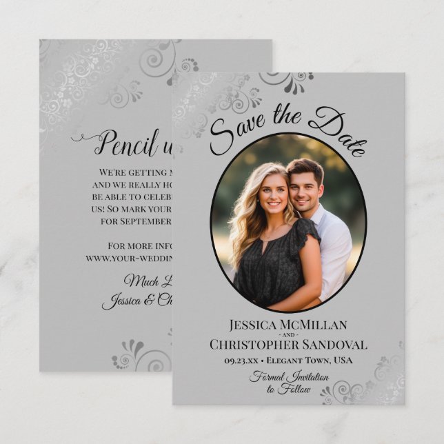 Elegant Silver Curls on Grey Oval Photo Wedding Save The Date (Front/Back)