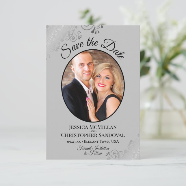 Elegant Silver Curls on Grey Oval Photo Wedding Save The Date (Standing Front)
