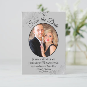 Elegant Silver Curls on Grey Oval Photo Wedding Save The Date