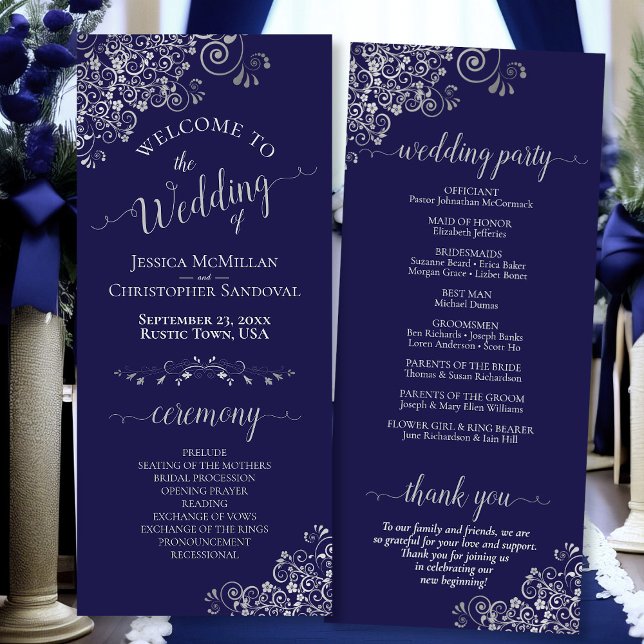 Elegant Silver Curls on Navy Blue Simple Wedding Program (Front/Back)