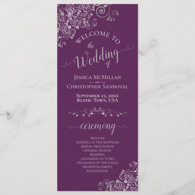 Elegant Silver Curls on Plum Purple Simple Wedding Program (Front)