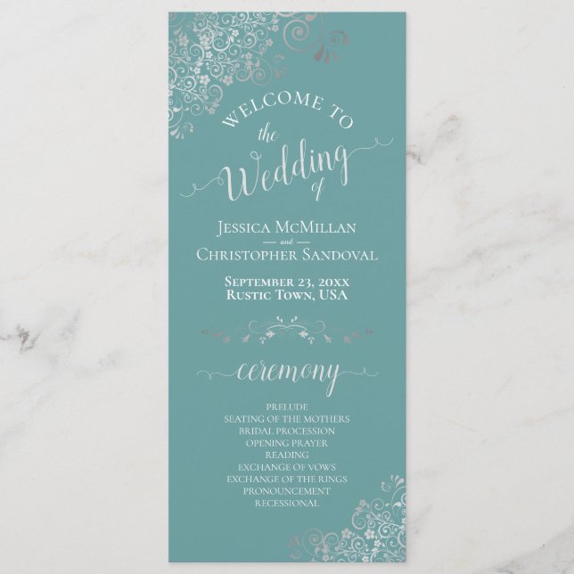 Elegant Silver Curls on Teal or Turquoise Wedding Program (Front)