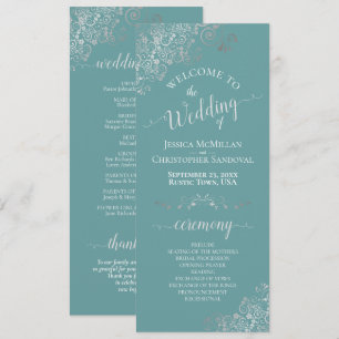 Elegant Silver Curls on Teal or Turquoise Wedding Program