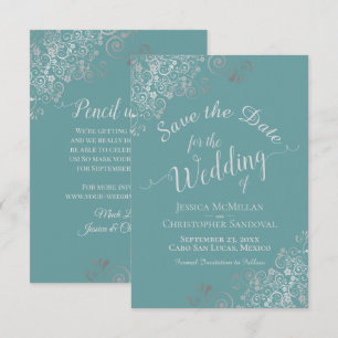 Elegant Silver Curls on Teal or Turquoise Wedding Save The Date
