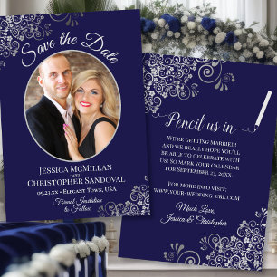 Elegant Silver Curls & Photo on Navy Blue Wedding Save The Date