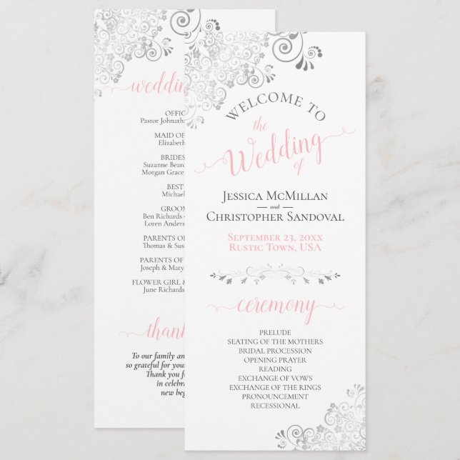 Elegant Silver Curls Pink & Grey on White Wedding Program (Front/Back)