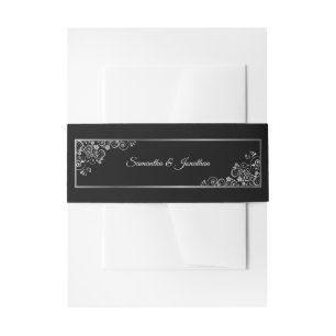 Elegant Silver Curls Swirls Classic Black Wedding Invitation Belly Band