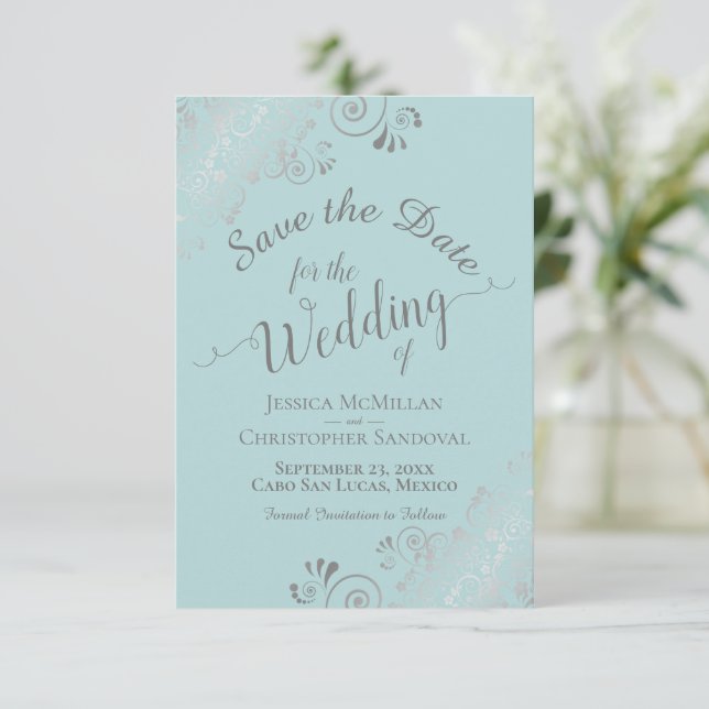 Elegant Silver Curls & Swirls Mint Teal Wedding Save The Date (Standing Front)