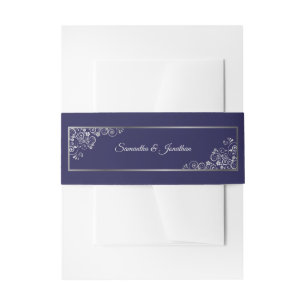 Elegant Silver Curls & Swirls Navy Blue Wedding Invitation Belly Band