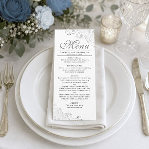 Elegant Silver Curls & Swirls on White Wedding Menu