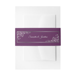 Elegant Silver Curls & Swirls Plum Purple Wedding Invitation Belly Band