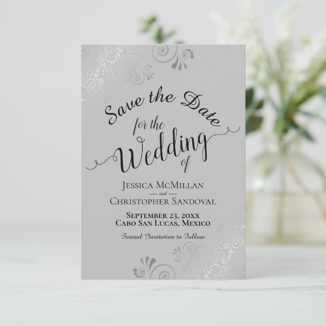 Elegant Silver Curly Swirls Black on Grey Wedding Save The Date (Standing Front)
