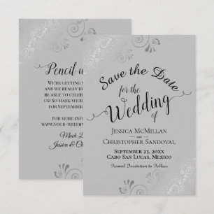 Elegant Silver Curly Swirls Black on Grey Wedding Save The Date
