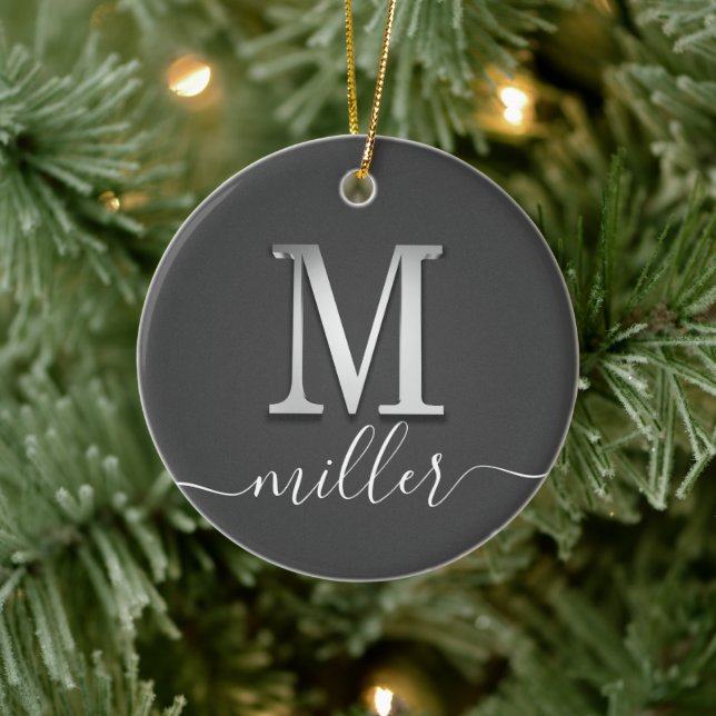 Elegant Silver Custom Monogram M Name Ceramic Ornament (Tree)