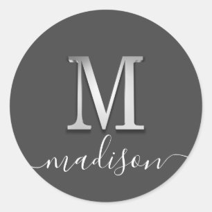 Elegant Silver Custom Monogram M Name Classic Round Sticker