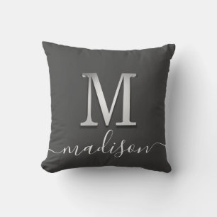 Elegant Silver Custom Monogram M Name Throw Pillow