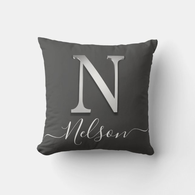 Elegant Silver Custom Monogram N Name Throw Pillow (Front)