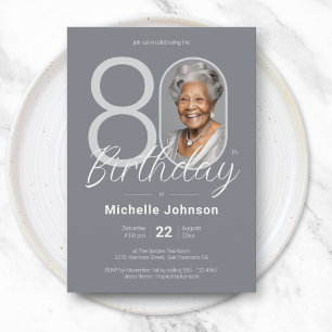 Elegant Silver Custom Photo 80th Birthday Invitation
