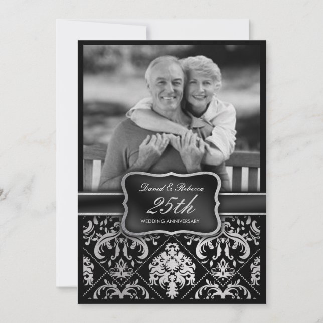 Elegant Silver Damask 25th Wedding Anniversary Invitation (Front)