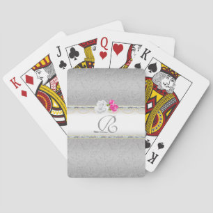 Elegant Silver Damask and Pink  Monogram Playing Cards