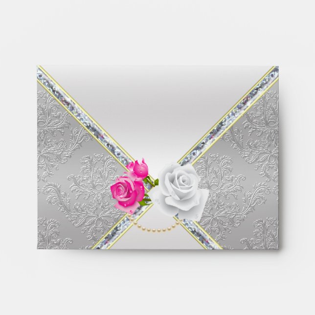 Elegant Silver Damask and Pink Rose Envelopes (Front)