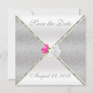 Elegant Silver Damask and Pink Rose Save the Date