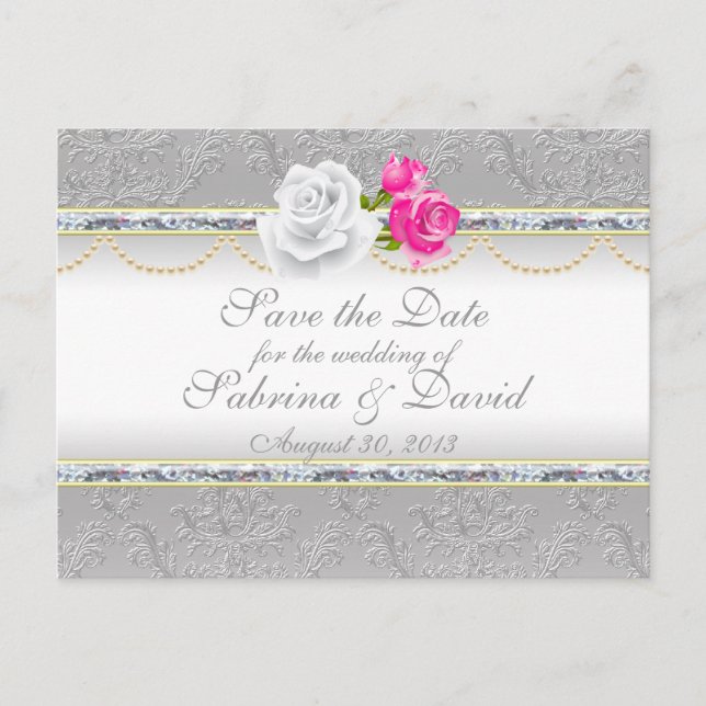 Elegant Silver Damask and Pink Rose Save the Date Announcement Postcard (Front)