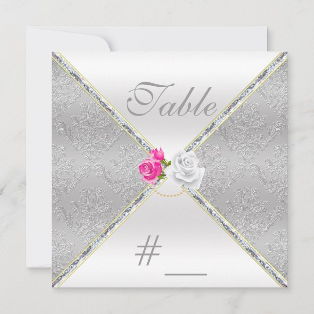 Elegant Silver Damask and Pink Rose Table Number (Front)