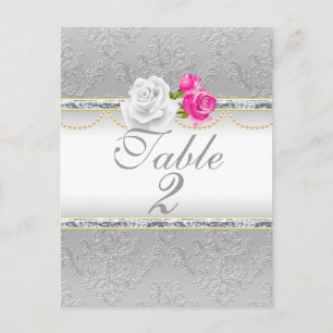 Elegant Silver Damask and Pink Rose  Table Number Postcard