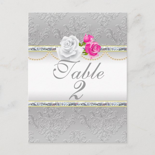 Elegant Silver Damask and Pink Rose  Table Number Postcard (Front)