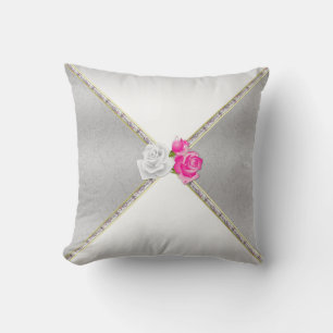 Elegant Silver Damask and Pink Rose Throw Pillow