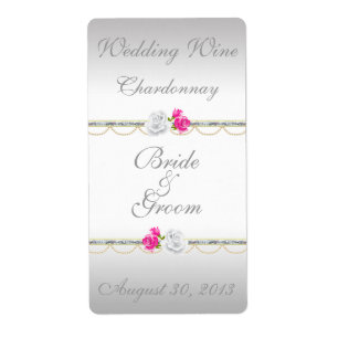 Elegant Silver Damask and Pink  Wedding Wine Label