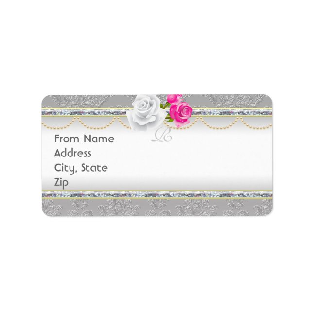 Elegant Silver Damask and Rose Monogram Address Label (Front)