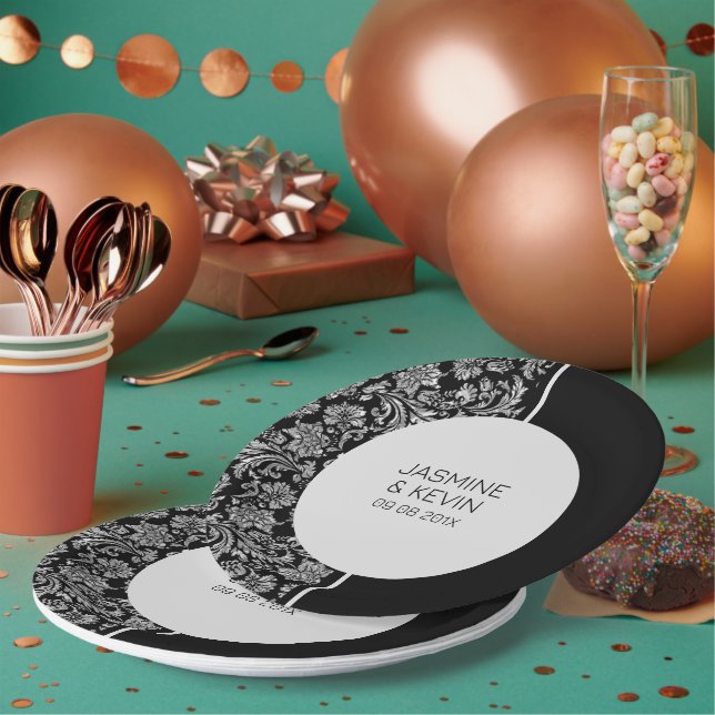 Elegant Silver Damask & Black Split Screen Paper Plate (Multi)