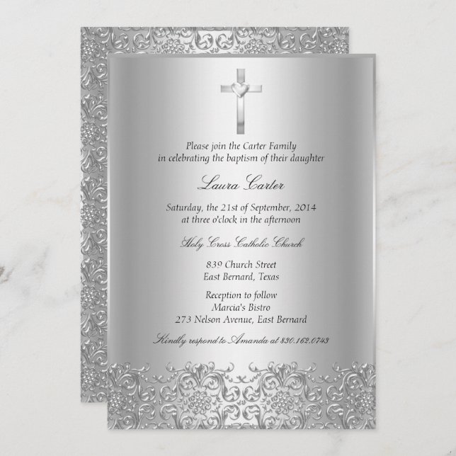 Elegant Silver Damask & Cross Baptism/Christening Invitation (Front/Back)