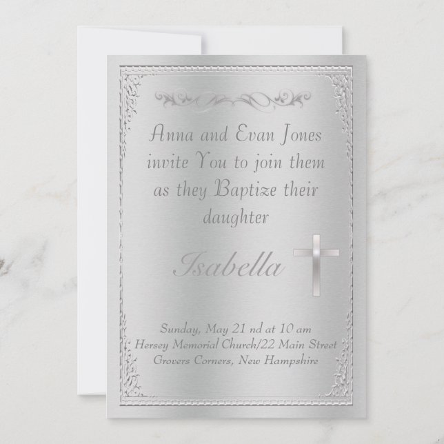 Elegant Silver damask & Cross Baptism on metal Invitation (Back)