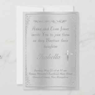 Elegant Silver damask & Cross Baptism on metal Invitation